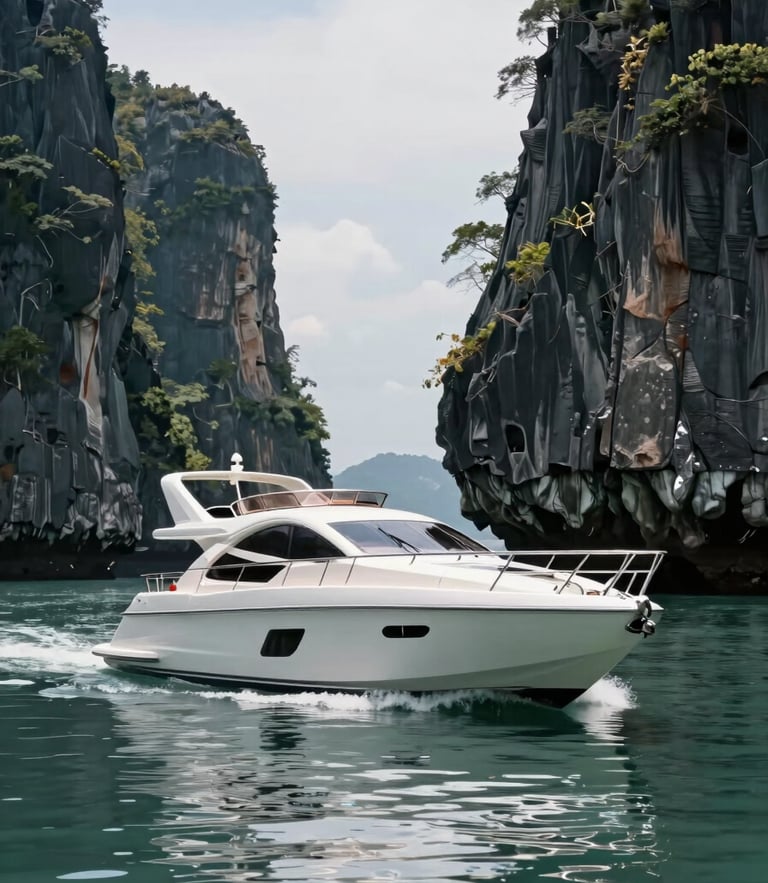 A sleek private motor yacht navigating between sheer limestone karsts in Langkawi, bright daylight, crisp water reflections, architectural framing