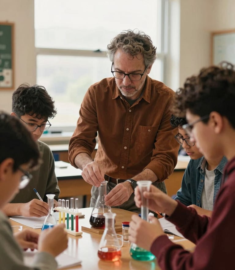 A candid portrait of a high school science teacher guiding students through a hands-on chemistry experiment, warm natural window light, authentic classroom setting.