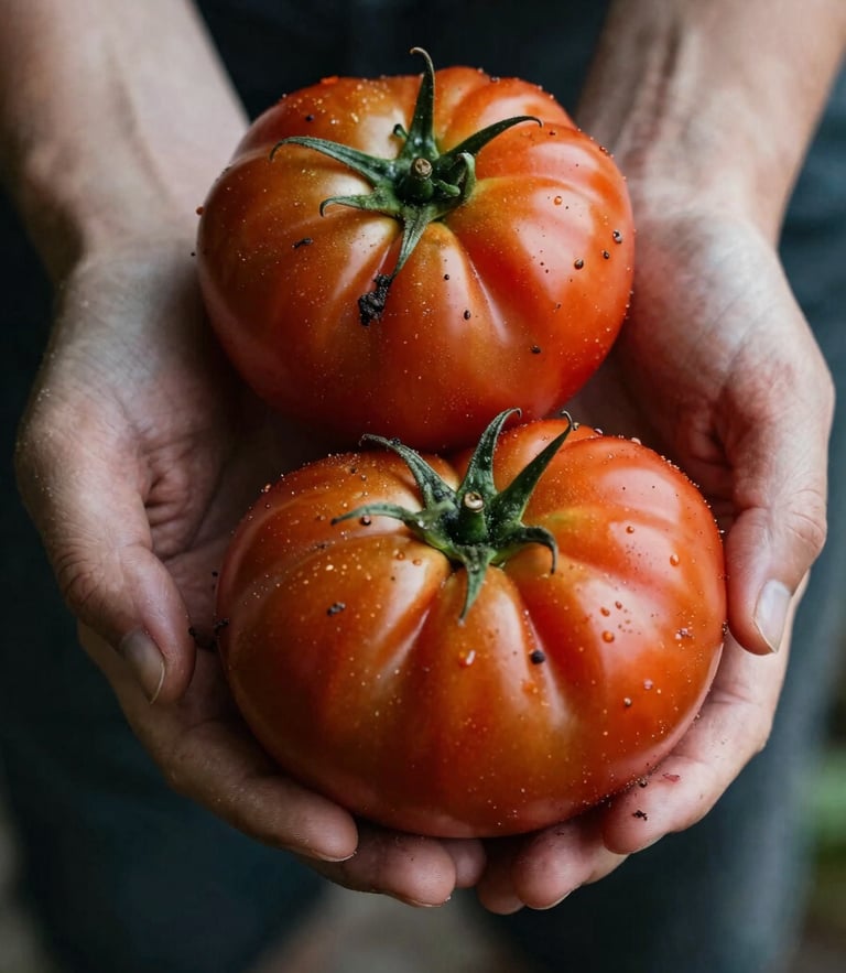 Close-up macro of hands holding freshly harvested organic heirloom tomatoes with soil residue, soft natural side lighting, moody shadows, Scandinavian style.