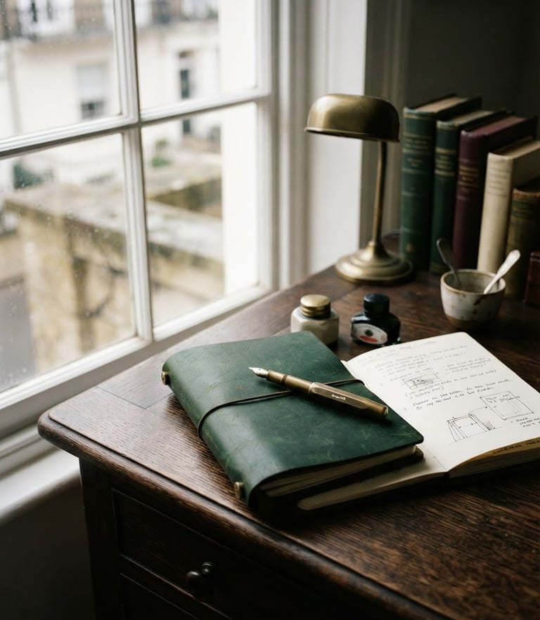 Moody editorial photograph of a structured desk setup on Radnor Walk, a leather notebook and an ink pen resting on dark wood under soft window light, 35mm film.