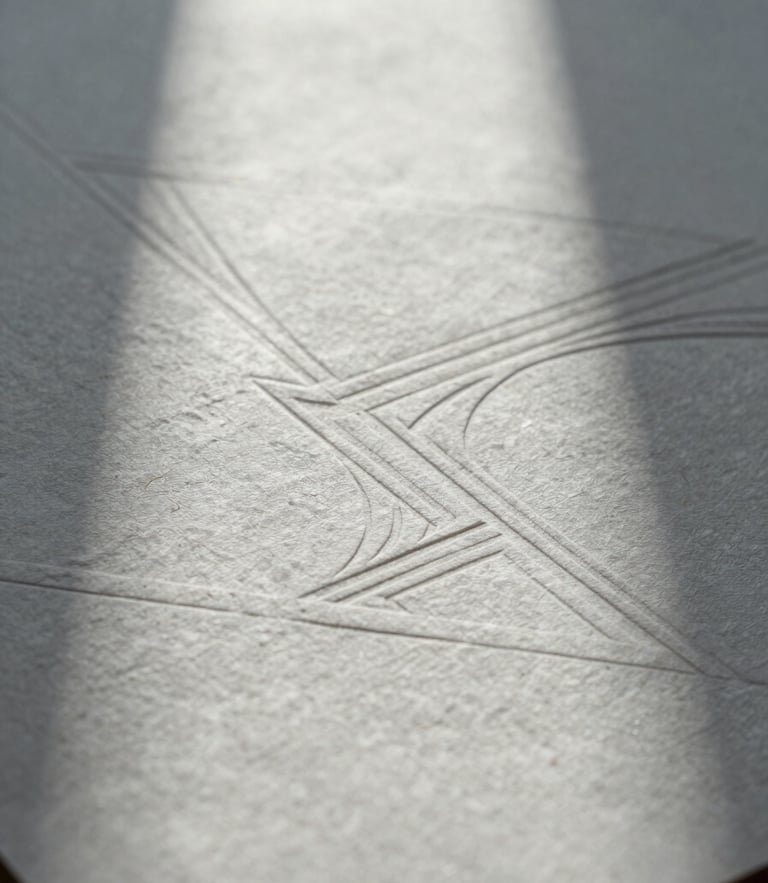 Macro shot of heavily textured handmade paper with elegant blind debossing of geometric lines, soft northern light casting cool shadows