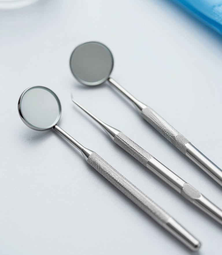 Clean product photography of professional stainless steel dental explorers and mirrors lying on a sterile light gray surface, bright high-key studio lighting, sharp focus, clinical blue tones.