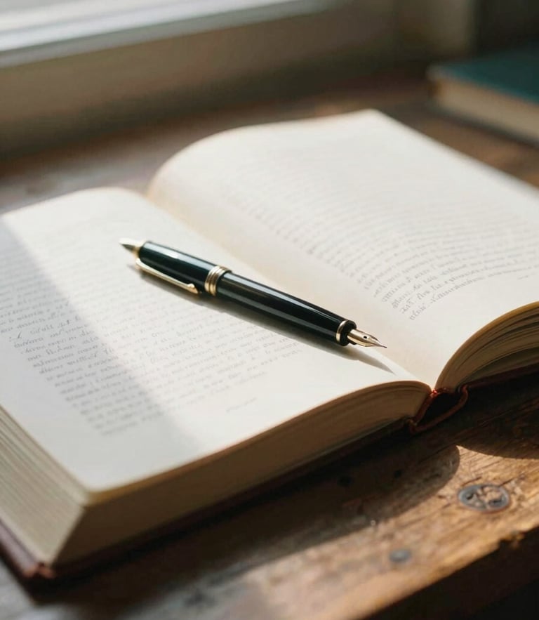 Close-up of a rustic wooden desk with open leather-bound classical books, a fountain pen resting on a handwritten manuscript, soft natural window light casting warm shadows, shallow depth of field, 35mm film