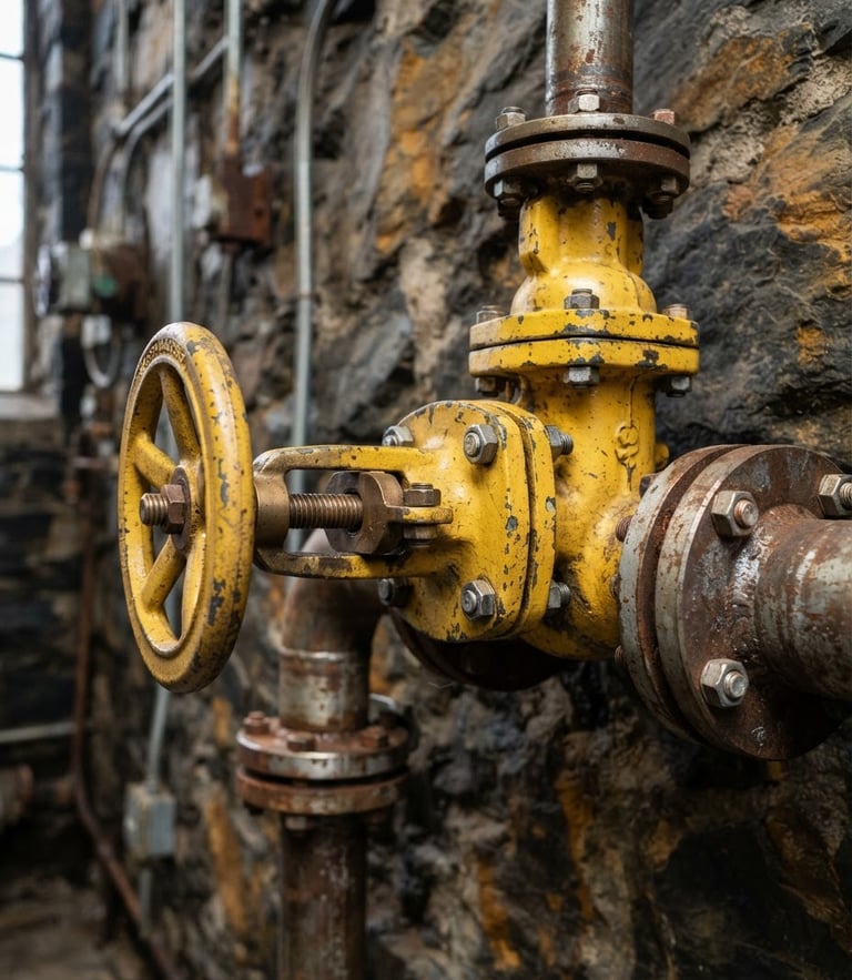 Close-up of a heavy industrial yellow water pump valve assembly, sharp focus, metallic textures, slate background, technical lighting.