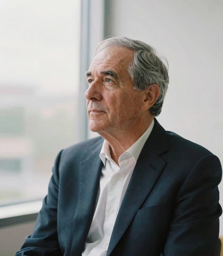 A quiet, natural-light portrait of a senior law partner in deep thought, soft overcast daylight, muted corporate tones, 50mm lens.