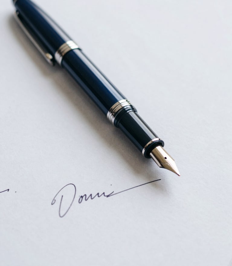 Close-up of a fountain pen resting on a signed legal document, textured heavy paper, soft diffused overcast daylight, 50mm lens