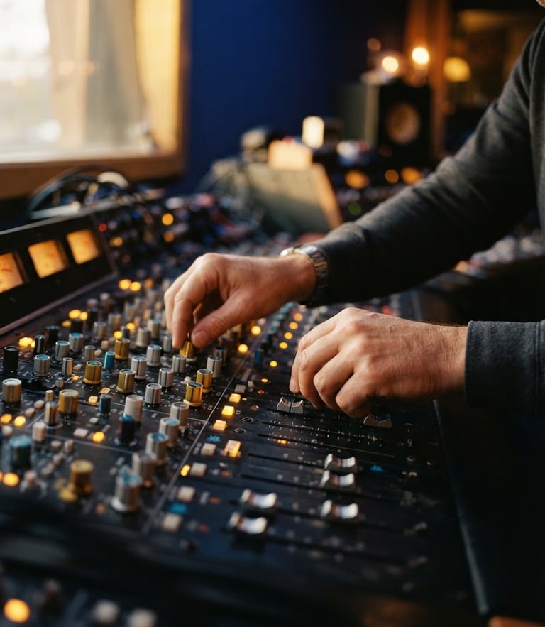 Intimate close-up of hands adjusting a high-end mixing console, warm golden-hour highlights and deep blue shadows, shallow depth of field, 35mm