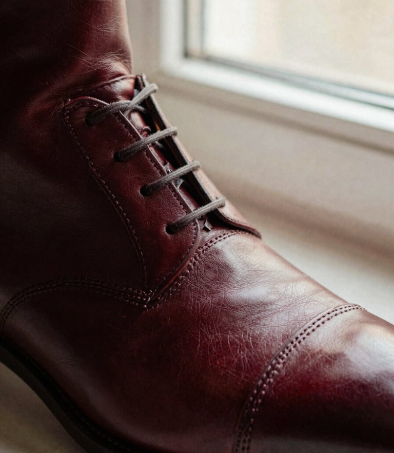 Tight macro shot of a hand-burnished leather toe box with deep burgundy patina, soft directional window light highlighting the grain, 35mm film texture