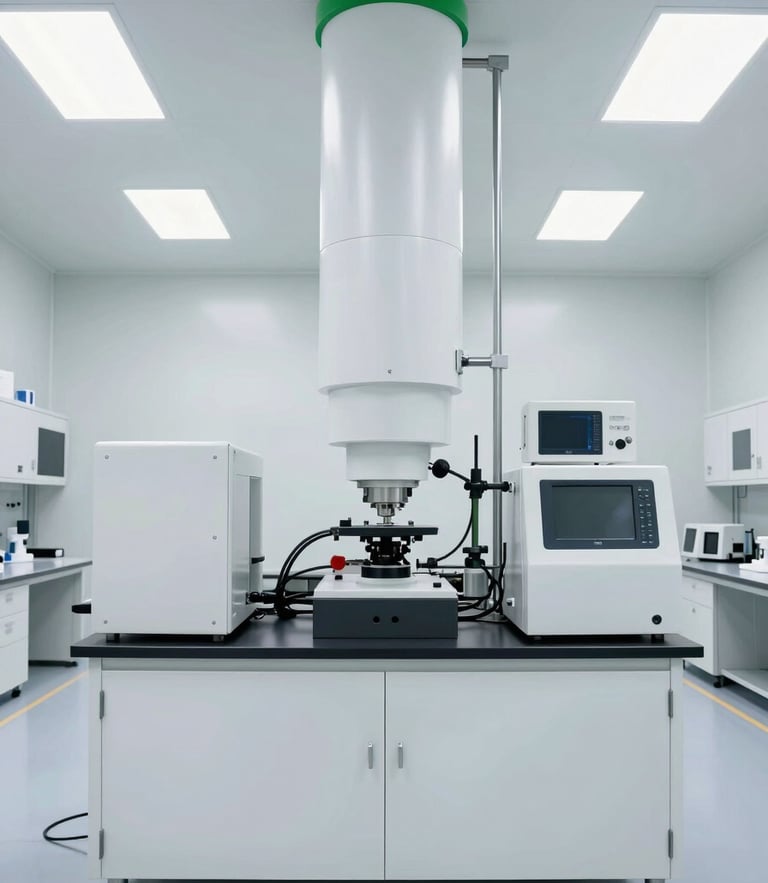 Straight-on architectural shot of a modern cleanroom facility with clinical white lighting and sharp green accents, high-precision industrial environment.