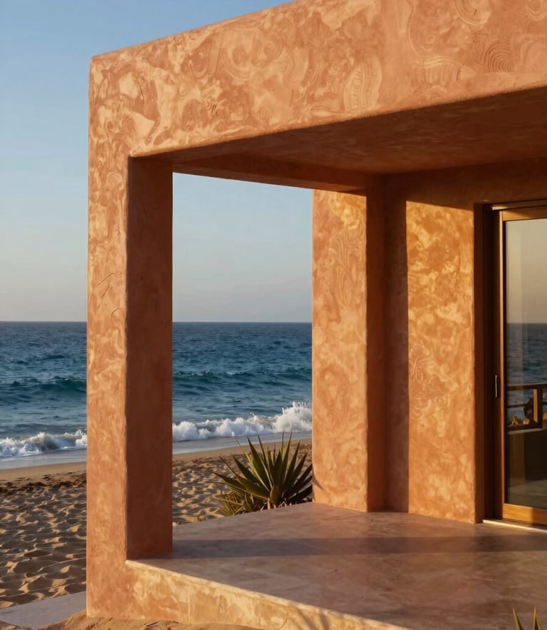 A beautiful warm editorial portrait of a modern oceanfront villa in San Felipe at golden hour, soft terracotta plaster walls, deep blue sea in the background, warm sunlight, 35mm lens.