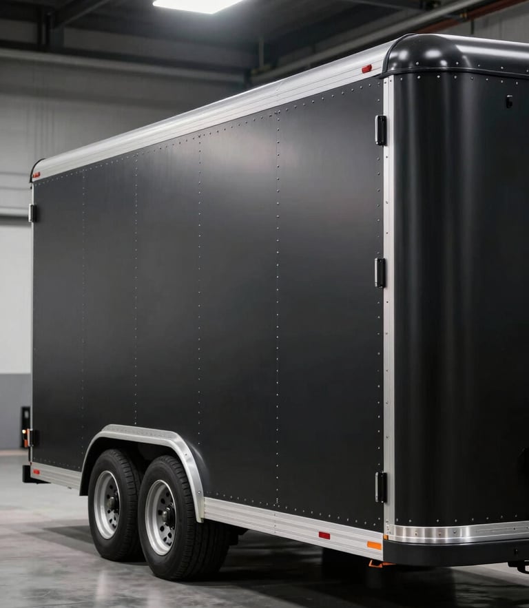Dramatic side profile of a matte black enclosed transport trailer, custom branded, parked under sharp industrial spotlights, highlighting the clean geometric lines of the secure cargo bay.