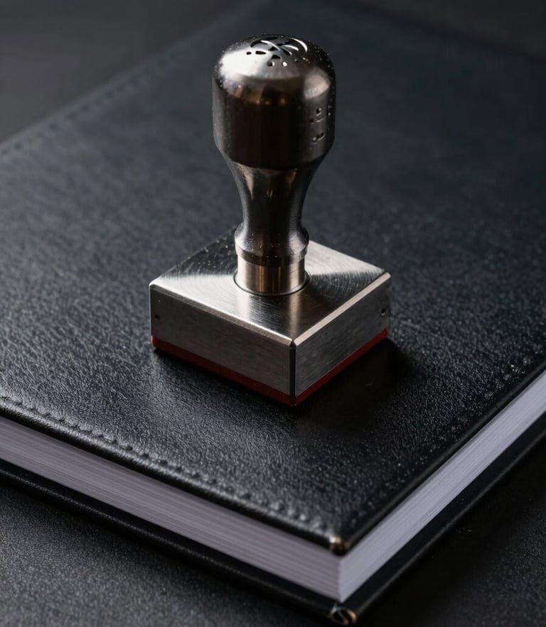 Macro detail shot of an official steel certification stamp on a matte black security folder, low-key high-contrast directional lighting, metallic textures and sharp paper edges visible, dark background.