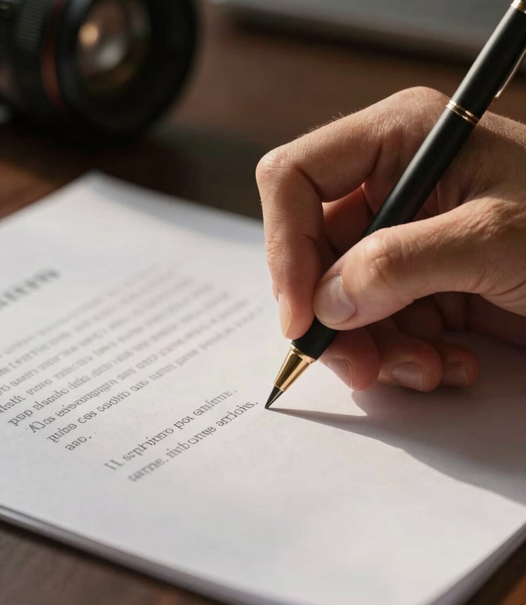 Macro close-up of hands signing physical documents on textured paper, soft side-lighting with a warm chiaroscuro effect, luxury office setting.