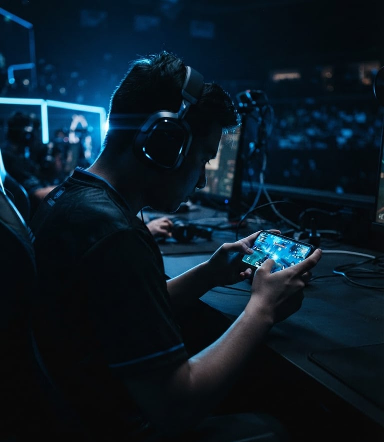 Low-key cinematic esports photography of a player silhouette holding a glowing mobile screen in a dark room, intense electric blue neon rim light, 35mm anamorphic lens