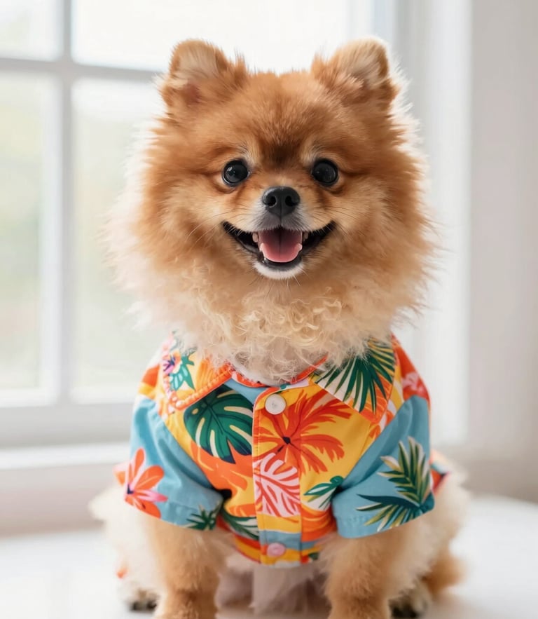 vibrant studio pet photography, a happy fluffy Pomeranian wearing a colorful tropical shirt, bright natural window light, cheerful saturated colors