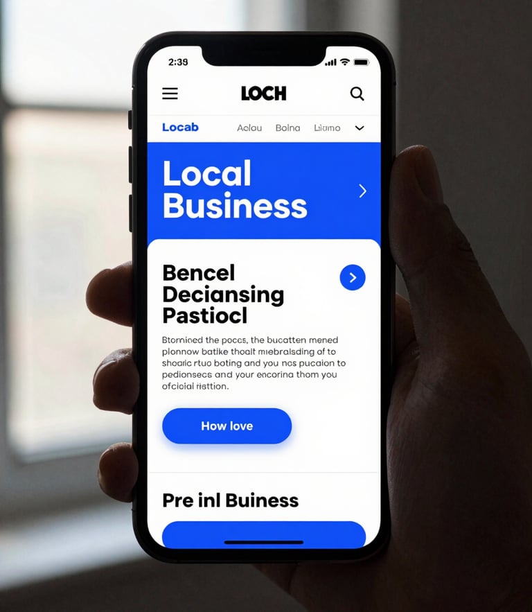 Straight-on studio shot of a modern smartphone displaying a clean, high-contrast local business website with bold typography, sharp shadows, and electric blue accents, natural window light.