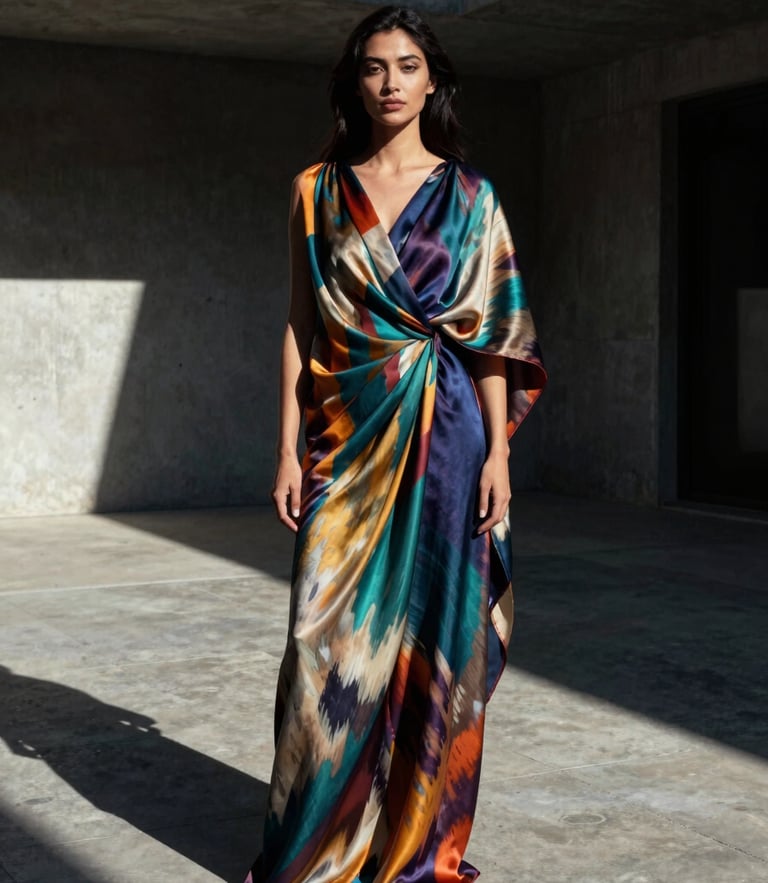 Dramatic editorial portrait of a woman wearing a modern architectural drape dress made of hand-loomed Bukhara silk Ikat, standing in a sunlit minimalist concrete courtyard with deep, high-contrast shadows.