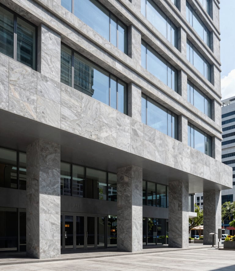 Modern corporate office building lobby in Mexico City, clean architectural lines, bright natural daylight, cool slate gray tones, sharp focus.