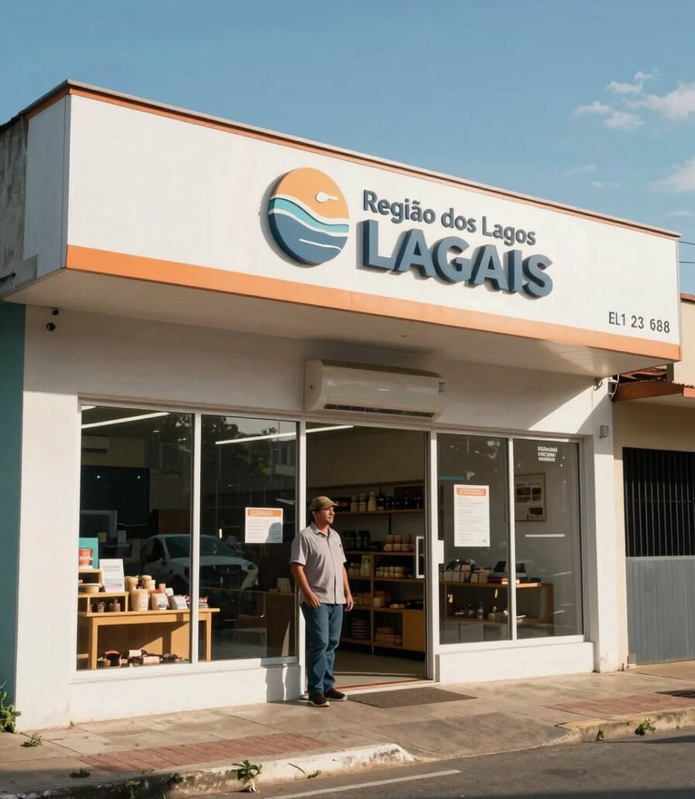Wide environmental shot of a local commercial storefront in Região dos Lagos, bright natural Brazilian coastal daylight, clear blue sky, a local business owner standing near the entrance.