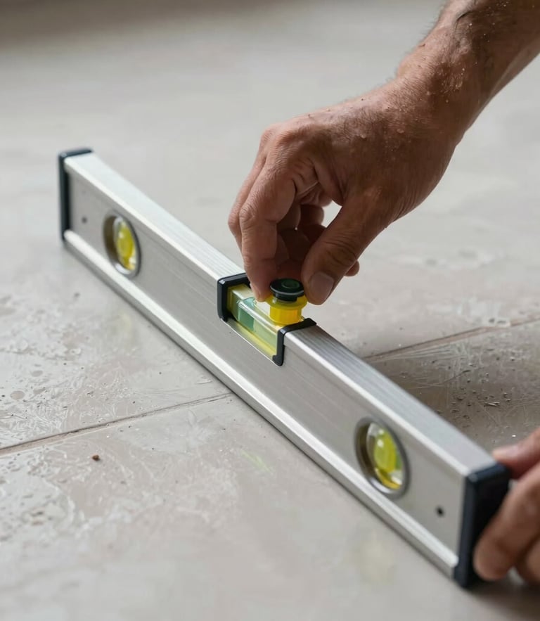 Primer plano técnico de un sistema de nivelación de azulejos sobre porcelanato recién colocado, con un nivel de burbuja alineado con precisión milimétrica bajo luz natural clara.