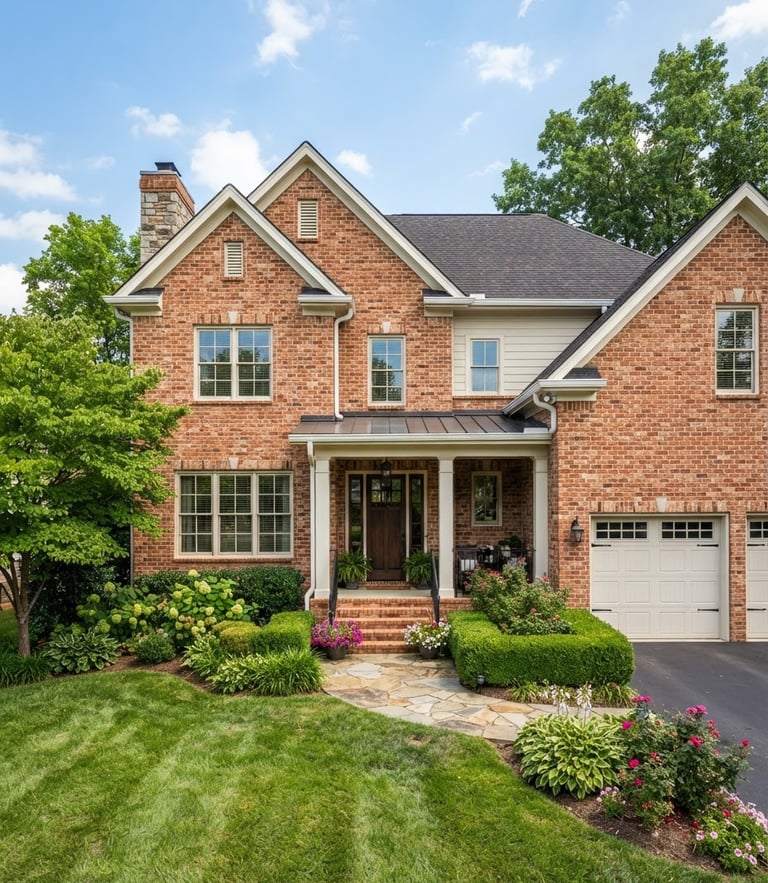 A beautiful Middle Tennessee brick home with clean white gutters under bright daylight, pristine landscaping, professional focus, 35mm lens