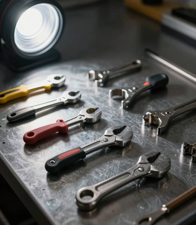 High-contrast close-up of clean, professional tools laid out neatly on a dark metal workspace, illuminated by a sharp directional work light.