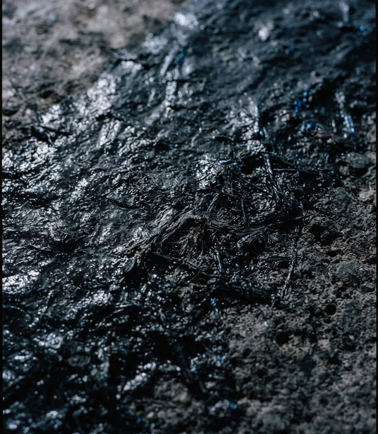 Macro detail shot of a thick, flawlessly applied dark liquid waterproofing membrane, sharp material textures, electric blue highlights, low-key dramatic lighting, 35mm film.