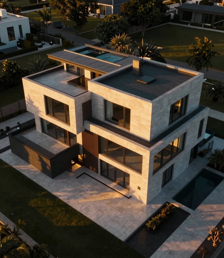 Ultra-wide cinematic drone shot of a modern luxury villa at golden hour, architectural symmetry, deep shadows, gold reflections