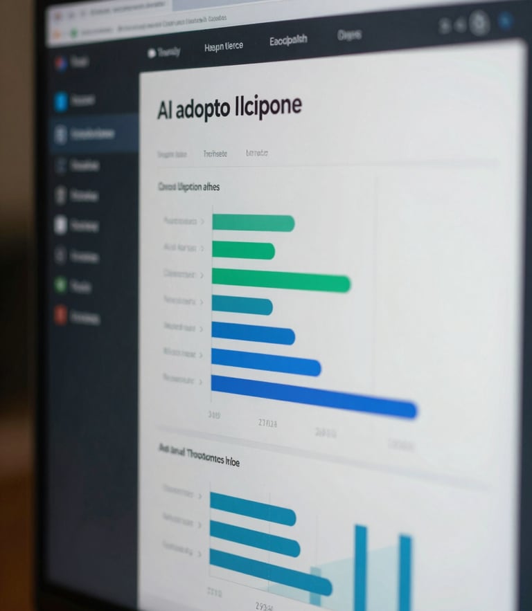 Macro close-up of a clean enterprise dashboard showing AI adoption metrics, cool-toned lighting, sharp highlights.