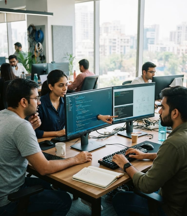 A clean tech workspace in Mumbai, bright natural light, professional developers collaborating over code on screens, cool blue and teal tones, 35mm