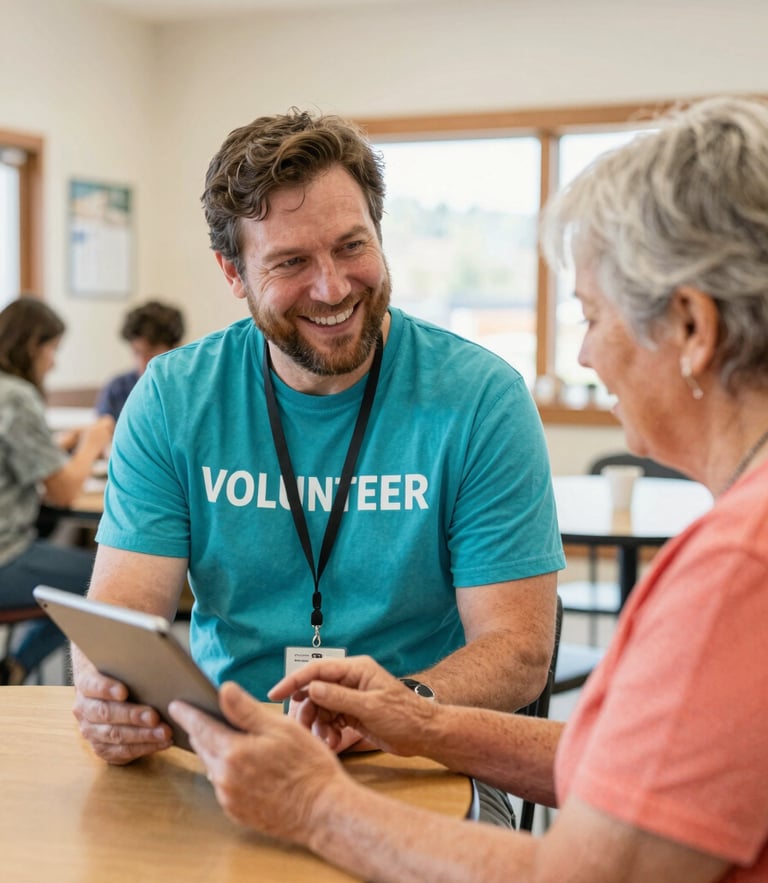A candid medium shot of a friendly local volunteer smiling warmly while helping an older adult set up a tablet in a sunny Colorado community center, warm natural daylight.