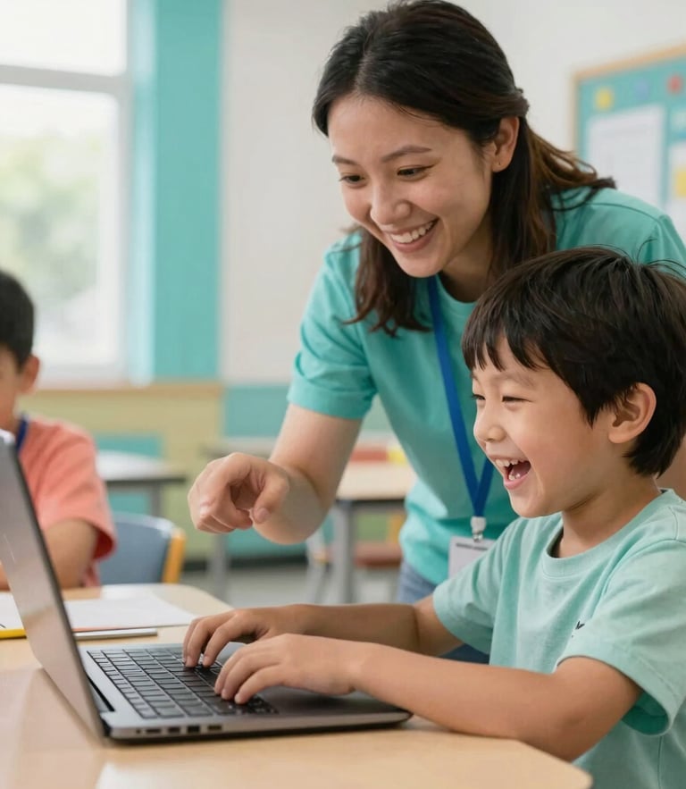 Bright community center room, a young child laughing while typing on a laptop, a warm local volunteer pointing to the screen with a smile, soft natural daylight, vibrant turquoise accents.