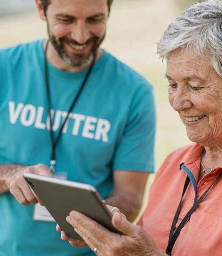 A warm, close-up photo of a friendly volunteer in Colorado guiding an older adult on a tablet, soft natural daylight, shallow depth of field, candid smiles.