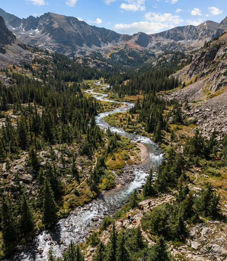 Overhead perspective of a rugged Colorado alpine river basin, sharp details of pine forests and rocky streams under crisp mountain daylight