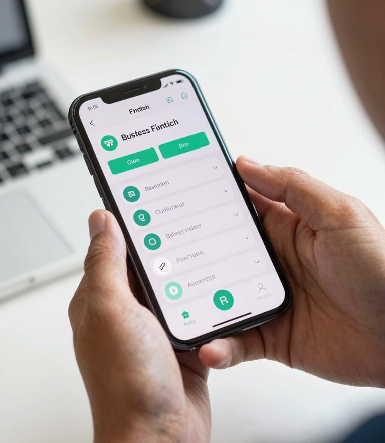 Close-up of a Brazilian microentrepreneur's hands holding a smartphone displaying a clean business application dashboard, bright natural daylight, modern workspace background, high-trust fintech aesthetic.