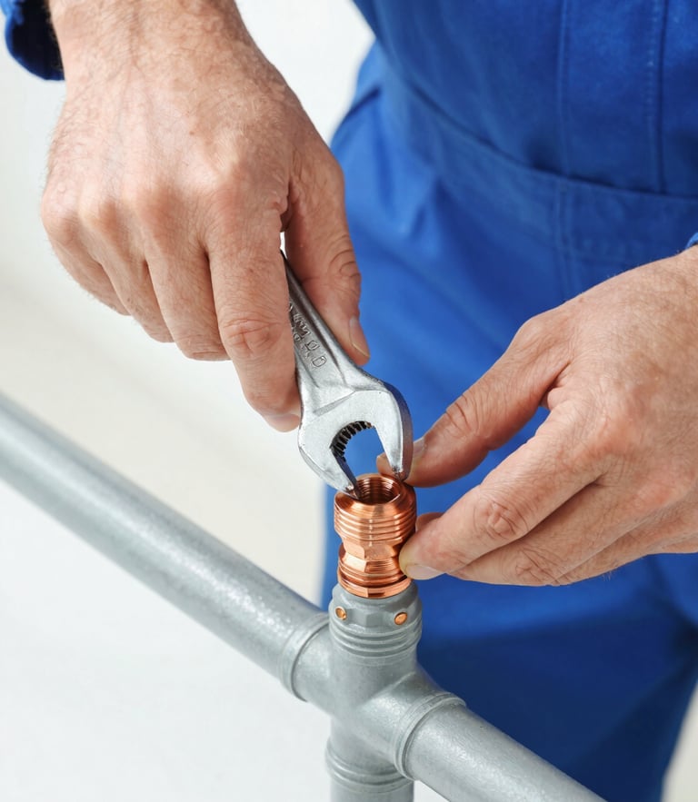 Medium close-up of a professional plumber's hands precisely tightening a copper pipe fitting with a wrench, bright natural light, clean blue tones, shallow depth of field