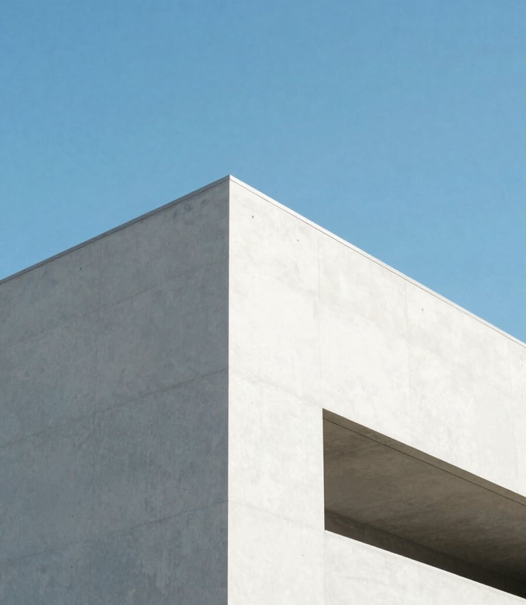 Minimalist architectural concrete structure rising into a clear blue sky, sharp shadows, high-key lighting, 35mm