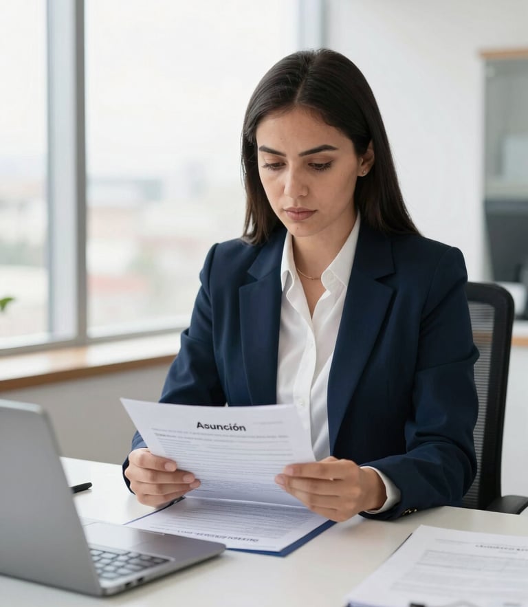A professional legal advisor in a modern office in Asunción, reviewing official residency documents under bright natural window light, sharp focus, editorial style