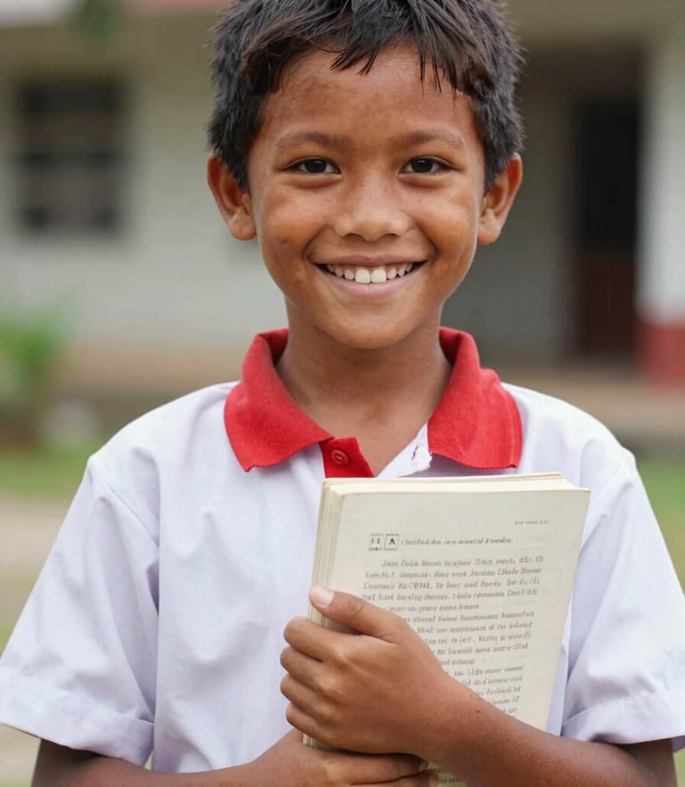 A close-up of a smiling Indonesian child in a clean white-and-red school uniform, holding a textbook with both hands, bright warm natural daylight, shallow depth of field, 35mm editorial style.
