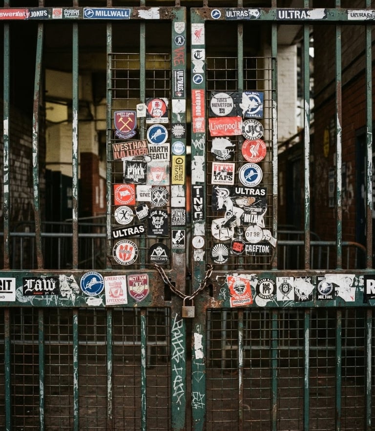 Candid 35mm film photo of an old steel stadium gate with stickers, harsh direct flash, heavy grain, overcast afternoon daylight.