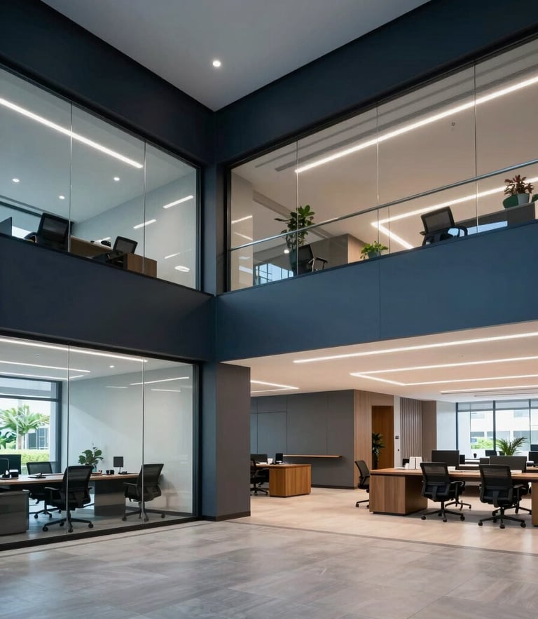A wide angle shot of a modern commercial office space in Trinidad featuring professionally installed architectural lighting in dark navy and soft blue-grey tones.
