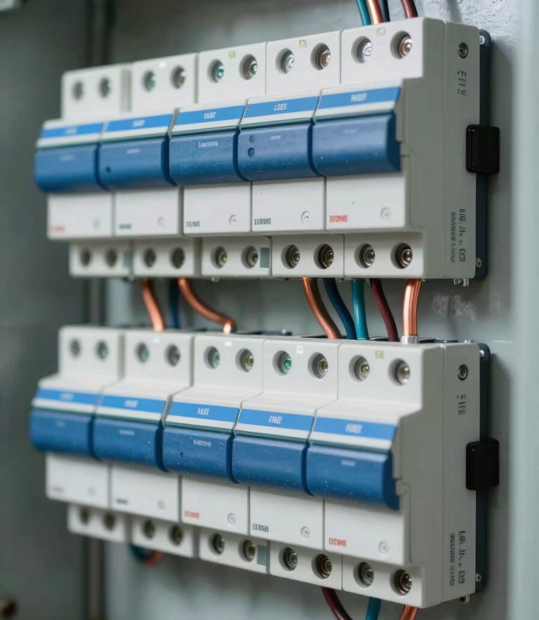 Close-up of a perfectly organized commercial electrical breaker board. The ocean blue components and copper wiring are neatly channeled against a light gray background, showcasing precision and efficiency.
