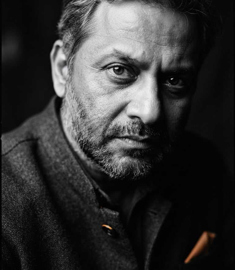 High-contrast close-up portrait of Pankaj Saxena in dramatic studio lighting, deep shadows, monochrome with subtle orange accent, 35mm