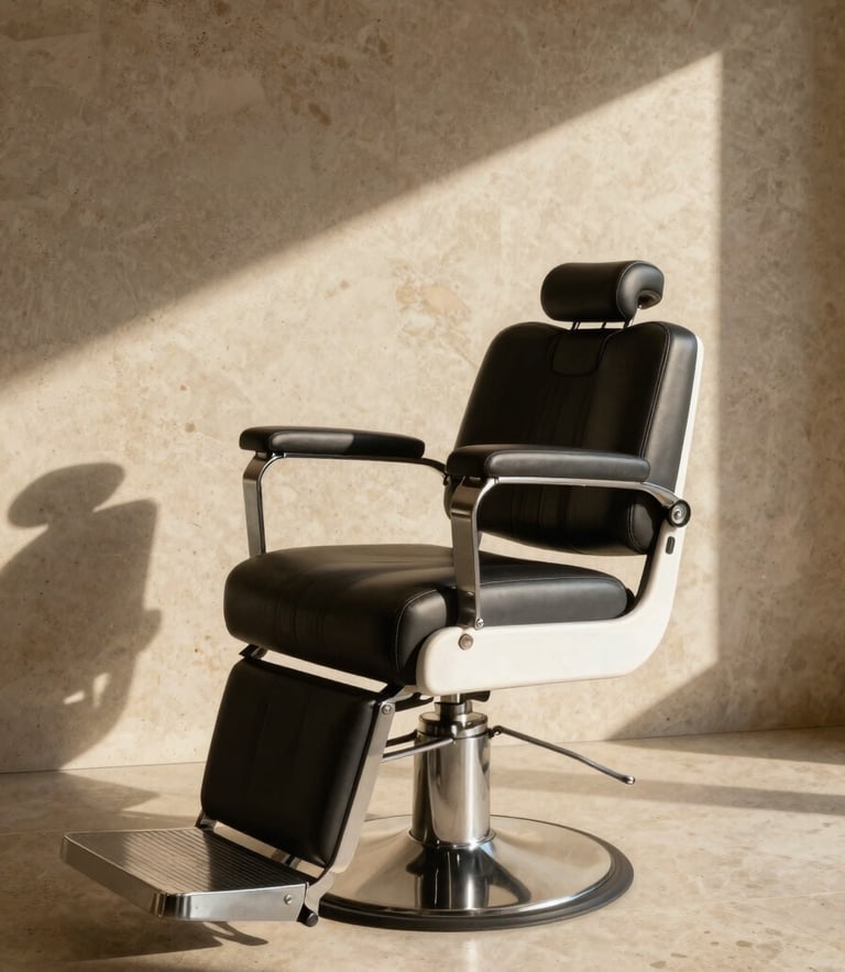 Sharp editorial photography of a minimalist modern barber chair, dramatic side shadows, warm travertine wall background, 35mm