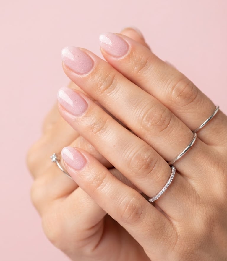 Extreme macro close-up of perfectly manicured hands with silver rings, delicate pink gel nails with subtle glitter, bright high-key studio lighting, soft powder pink background, 35mm photography