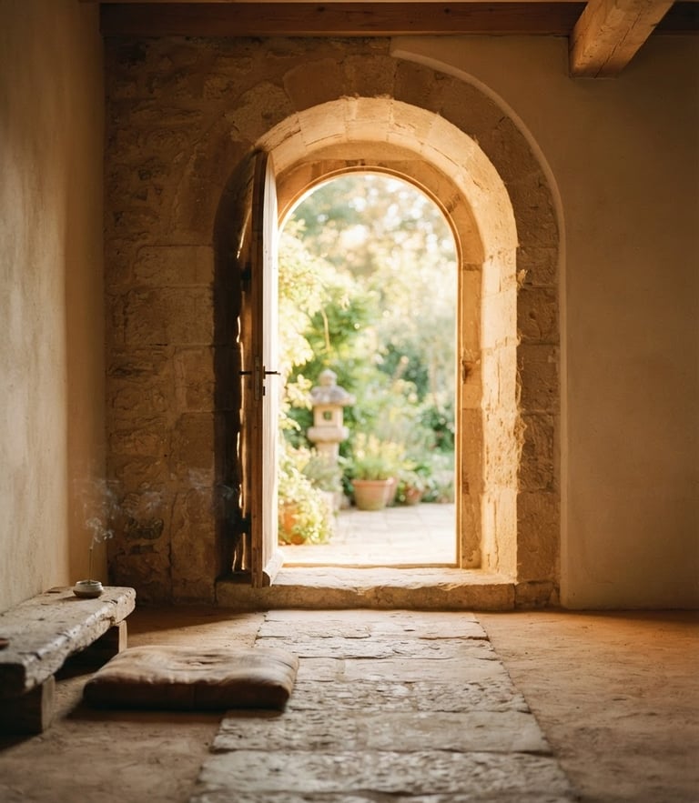 Sunlight streaming through an arched stone doorway of a serene, minimalist meditation hall, warm golden-hour light, soft shadows, shallow depth of field, 35mm