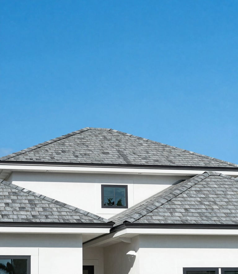 Bright architectural photography of a modern Florida home with a perfect new shingle roof under a vivid sunny blue sky, crisp daylight, 35mm lens