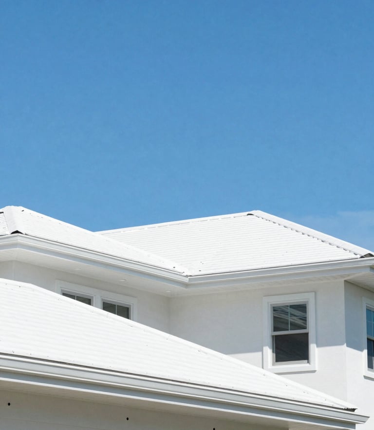 Bright architectural photography of a modern coastal home with a pristine new roof under a clear blue Florida sky, sunny daylight, 35mm lens