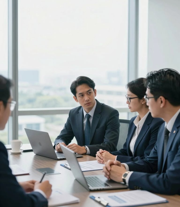 Professional corporate board meeting in Jakarta, bright natural office daylight, focused financial officers collaborating, cool blue tones