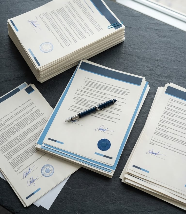 A clean overhead flatlay of official legal documents and a sleek pen on a slate gray desk, bright neutral daylight, crisp blue tones